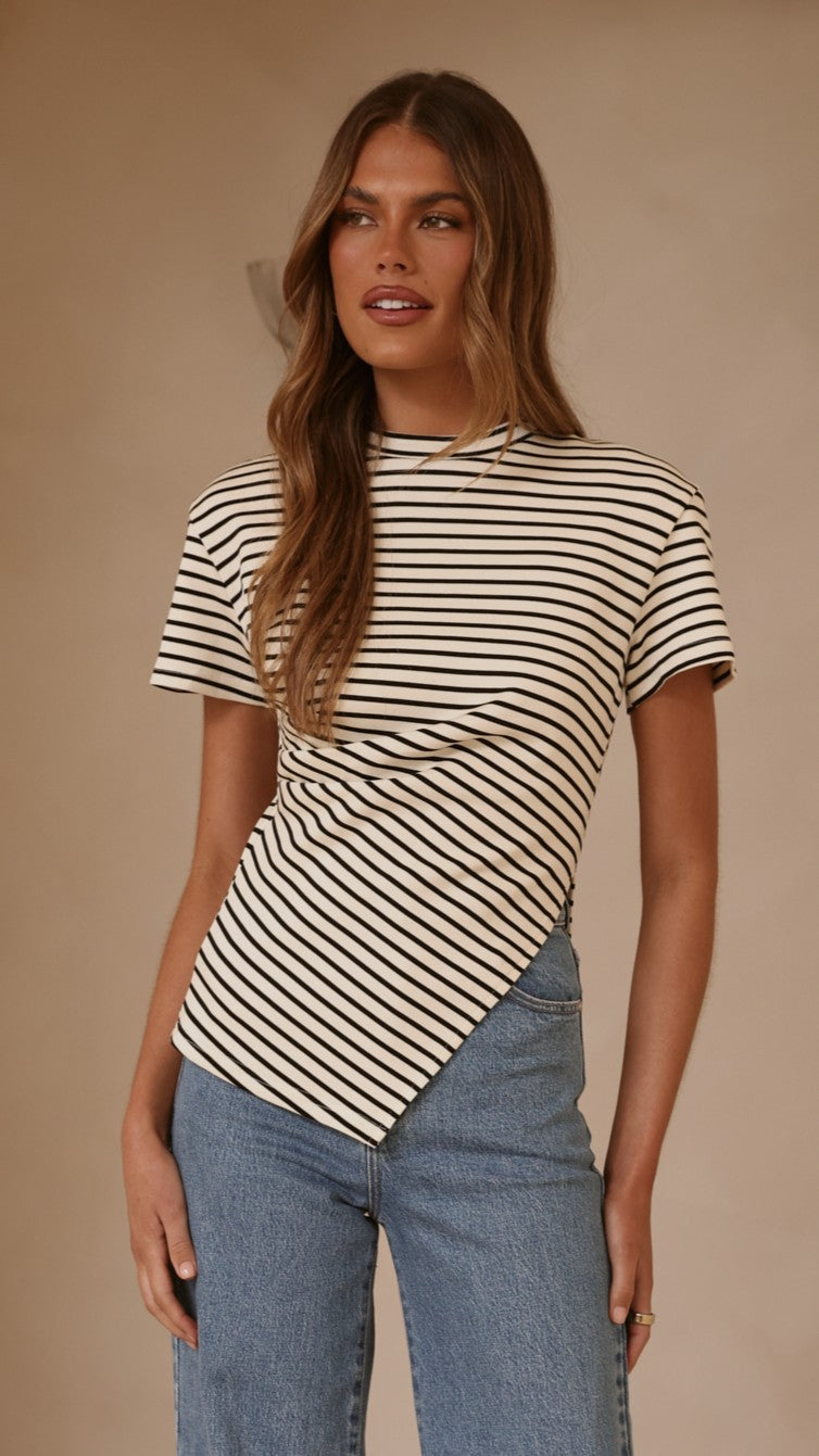 Tiarna Side Ruched Tee - Black/White Stripe