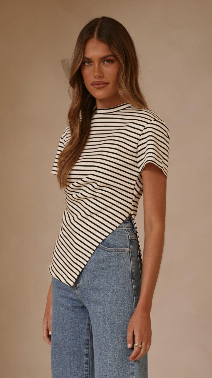 Tiarna Side Ruched Tee - Black/White Stripe