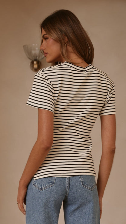 Tiarna Side Ruched Tee - Black/White Stripe