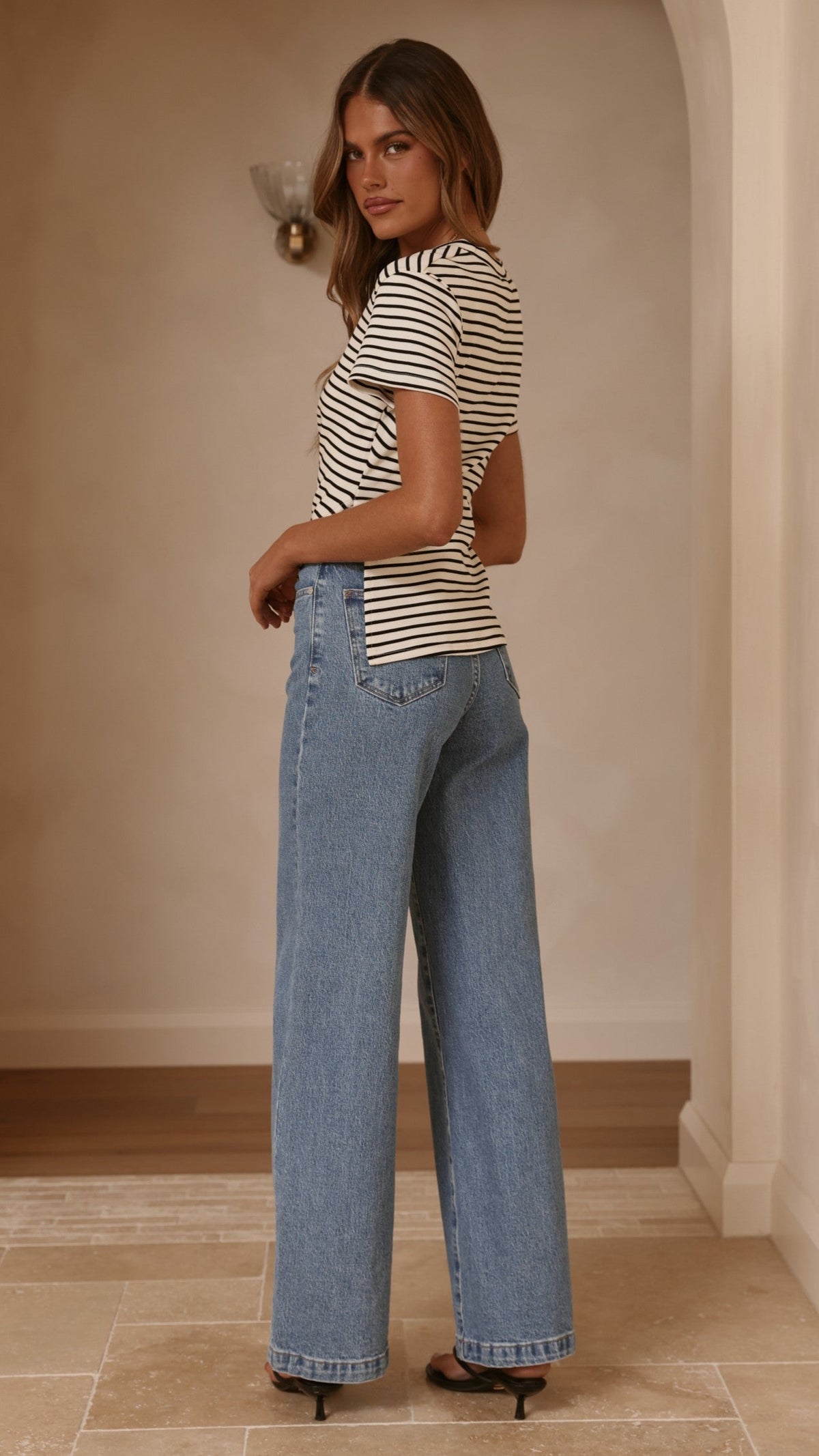 Tiarna Side Ruched Tee - Black/White Stripe
