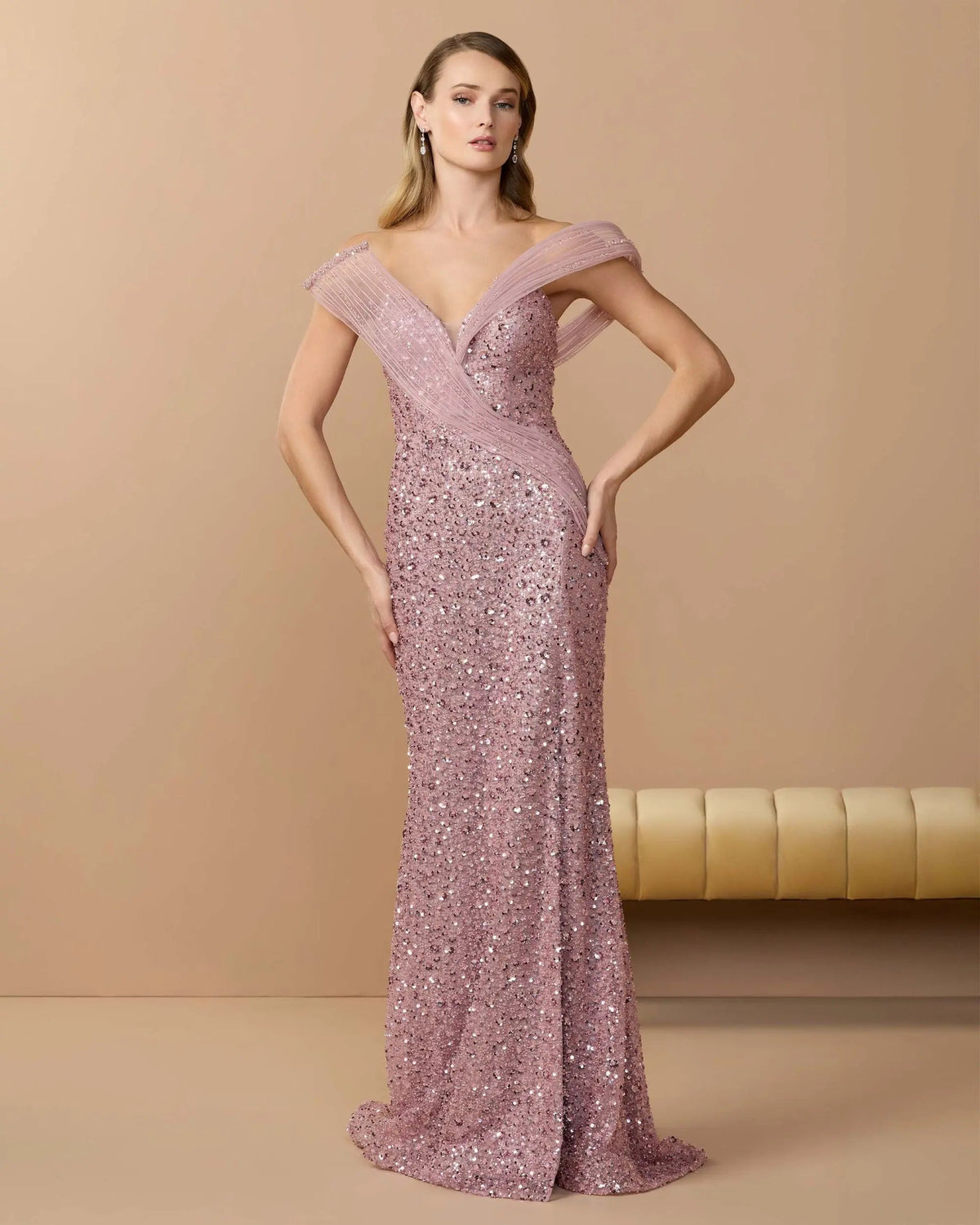 Pink Embellished Strapless Gown With Sculptural Drape