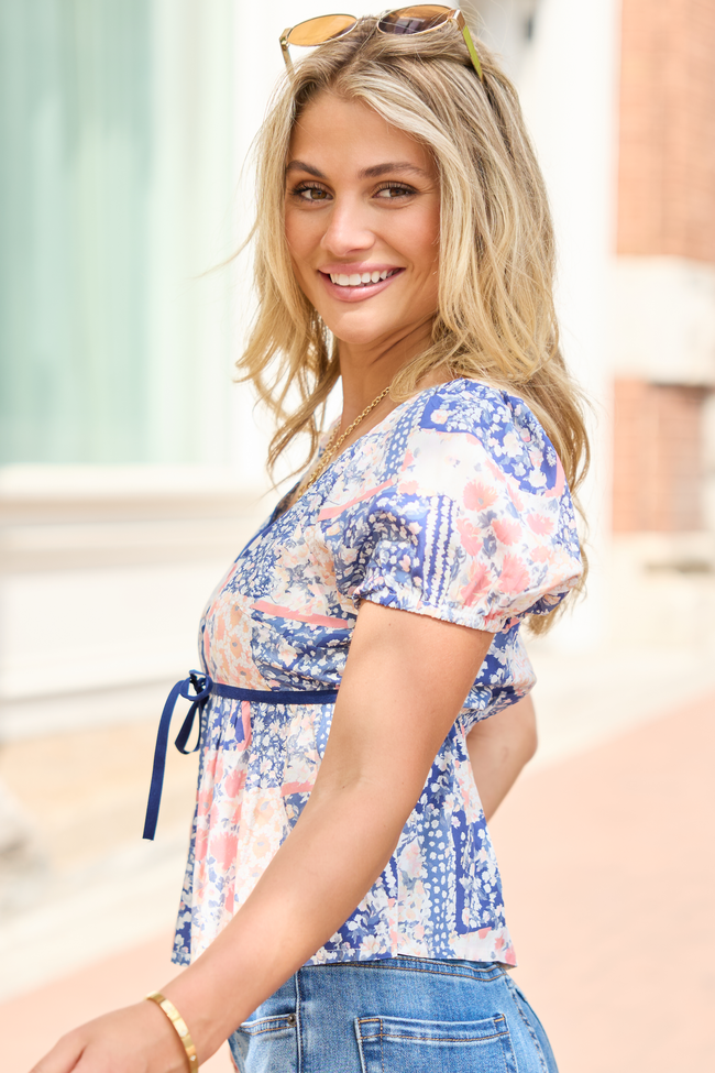Aubryn Blue Patchwork Print Sweetheart Top
