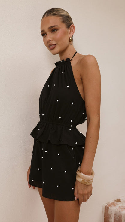 Nalia Halter Neck Playsuit - Black Polka
