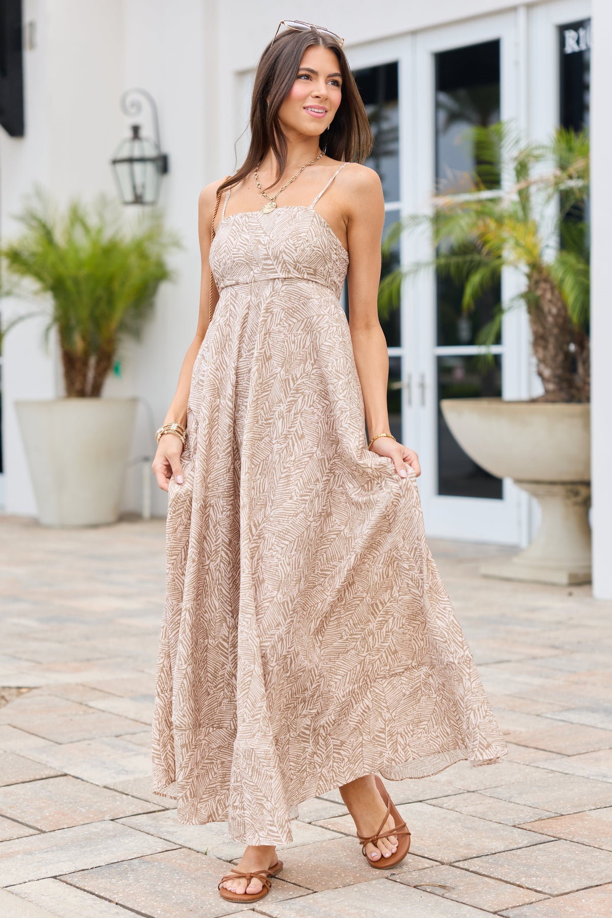 Adele Natural Palm Print Maxi Dress