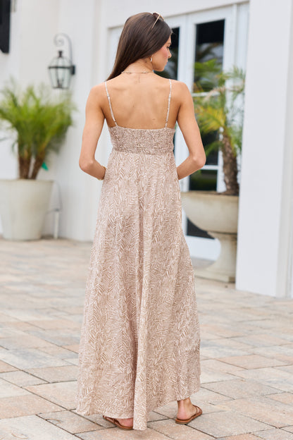 Adele Natural Palm Print Maxi Dress
