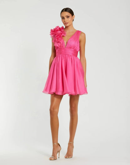 Pink Ruffle V Neck Fit & Flare Mini Dress