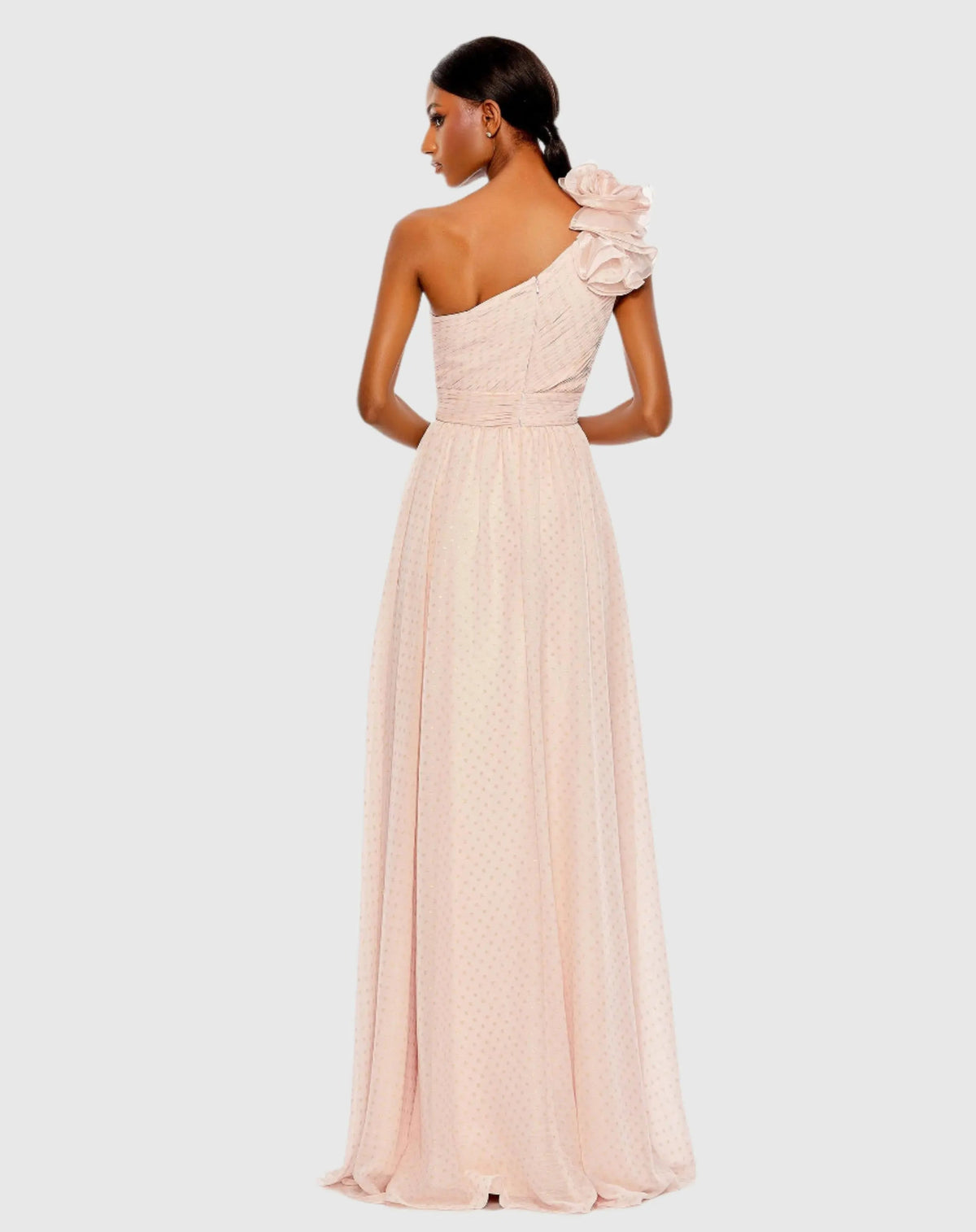 Pink One Shoulder Polka Dot Chiffon Gown With Ruffle Detail