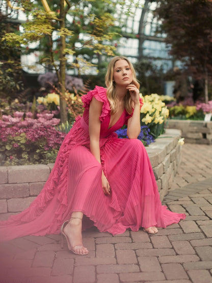Pink Pleated Ruffle Cap Sleeve Flowy A Line Gown