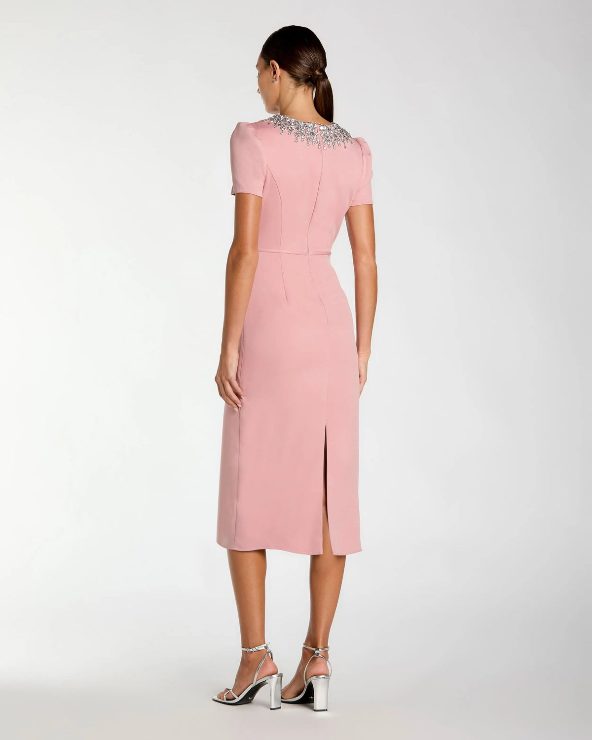 Pink Short Sleeve Rhinestone Neckline Sheath Dress