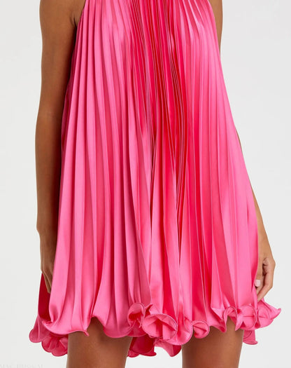 Pink Pleated Halter Neck Flowy Mini Trapeze Dress