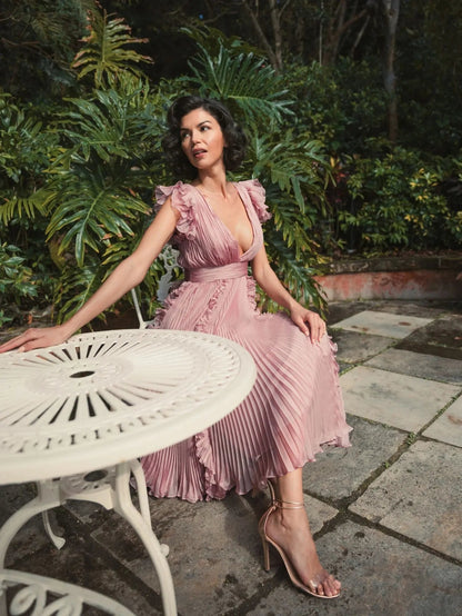 Pink Pleated Chiffon V Neck Ruffle Midi Dress