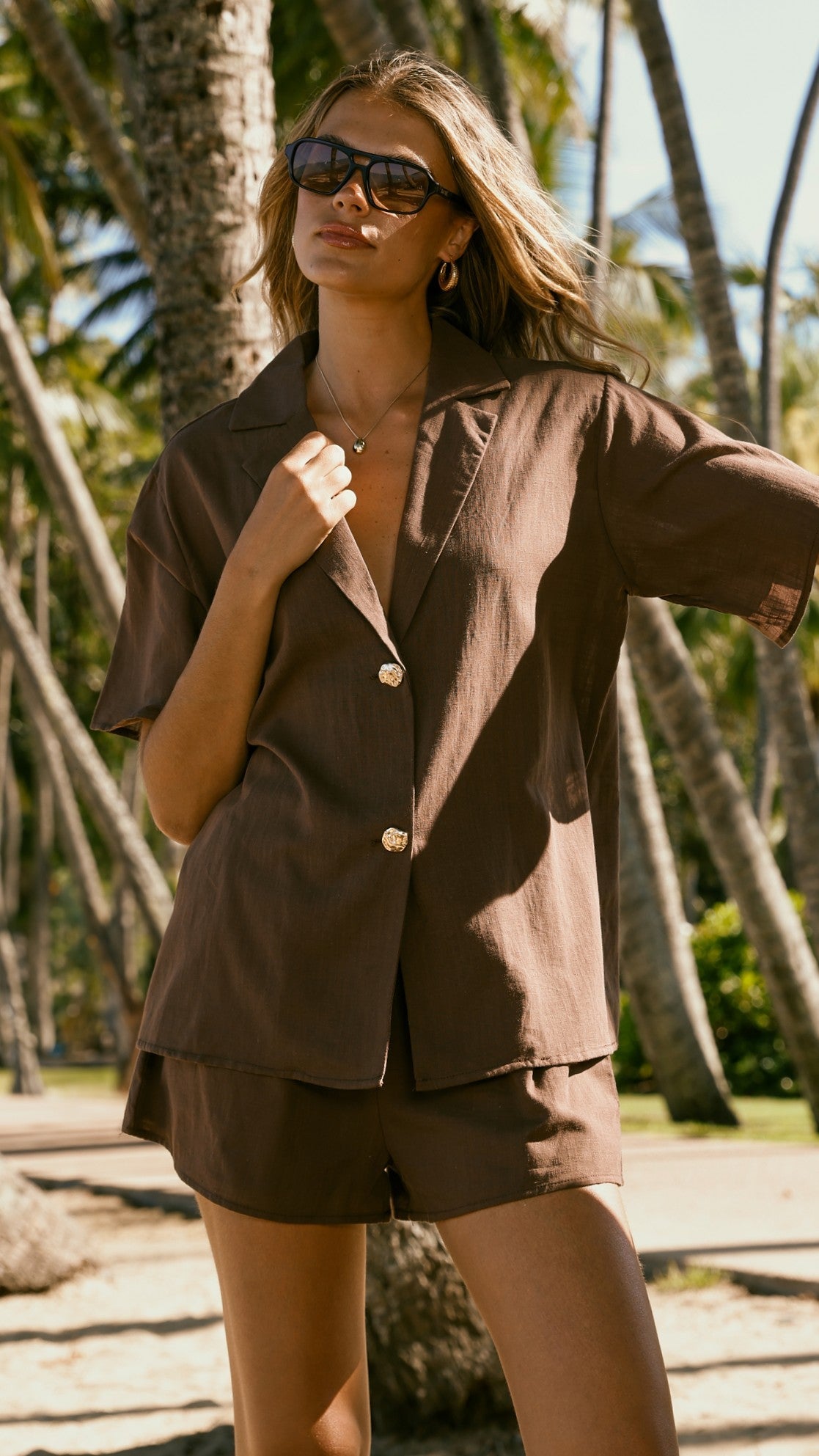 Nadine Shirt and Shorts Set - Brown