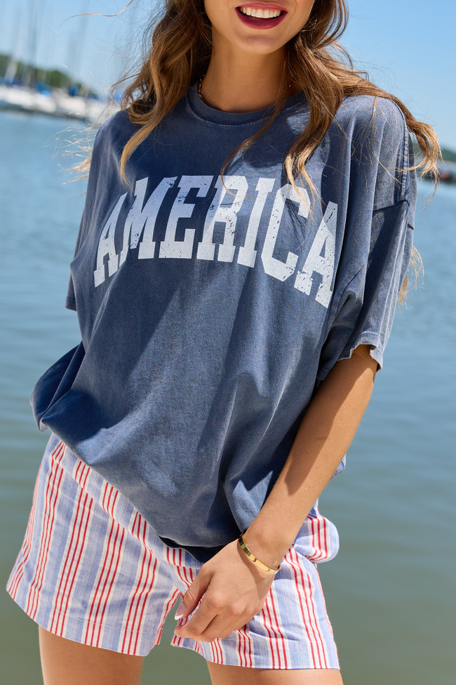America Distressed Navy Oversized Graphic Tee