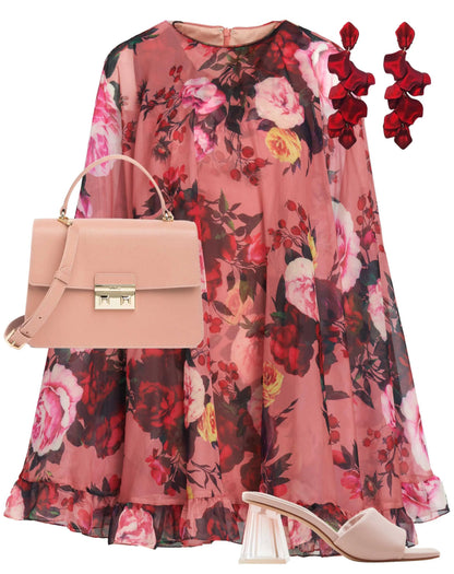 Pink Multicolor Floral Print High Neck Ruffle Hem Cape Mini Dress