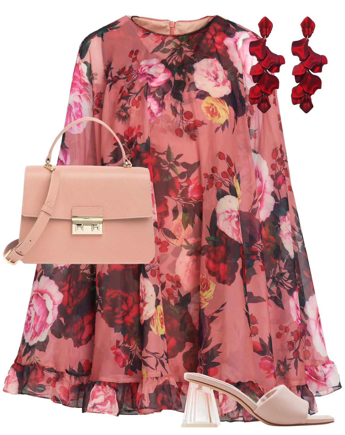 Pink Multicolor Floral Print High Neck Ruffle Hem Cape Mini Dress