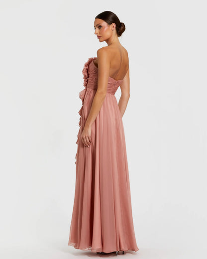 Pink Strapless Chiffon Gown With Oversized 3D Flower