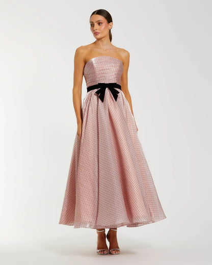 Polka Dot Organza Strapless Midi Dress With Velvet Bow