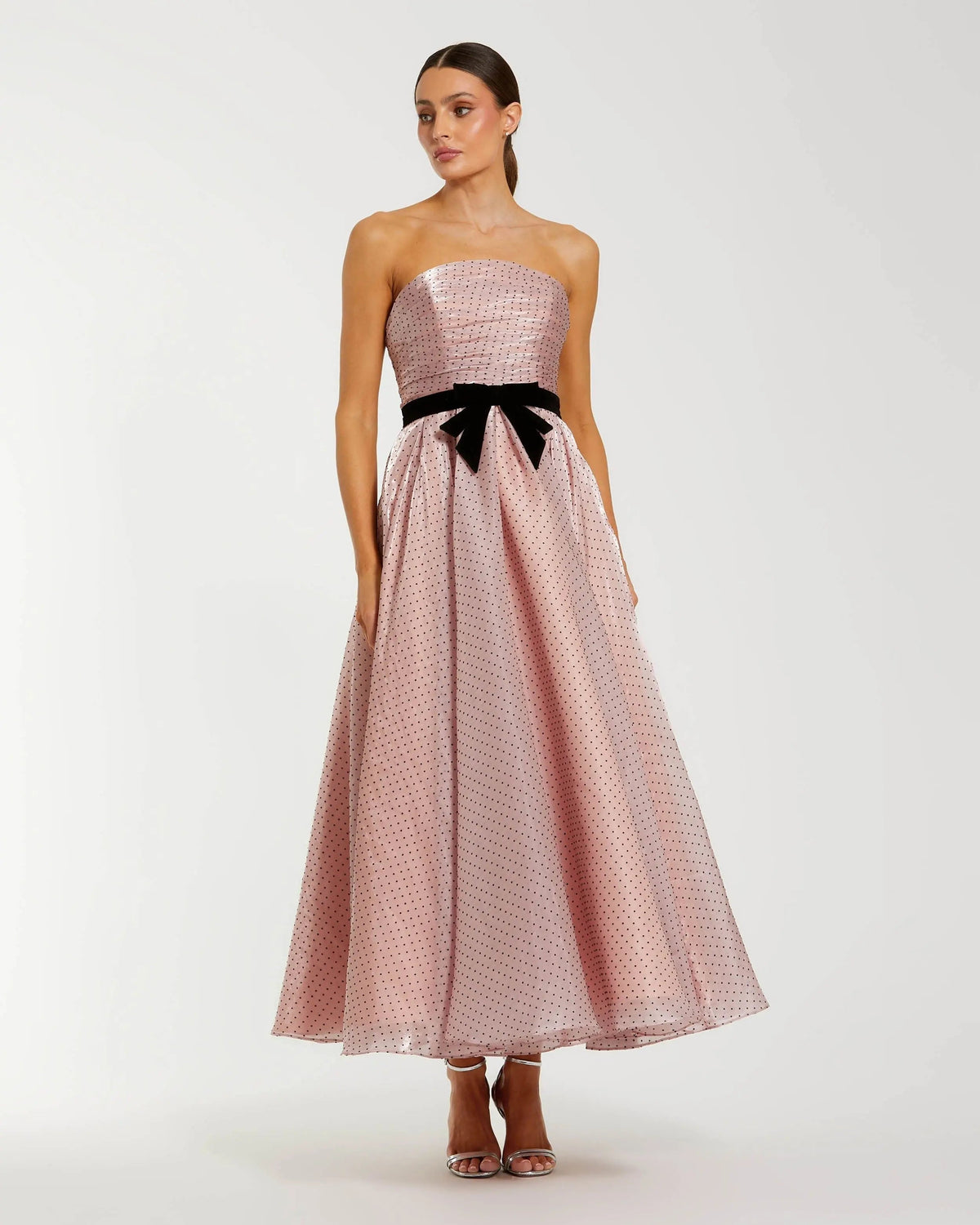 Pink Strapless Polka Dot Midi Dress With Velvet Bow