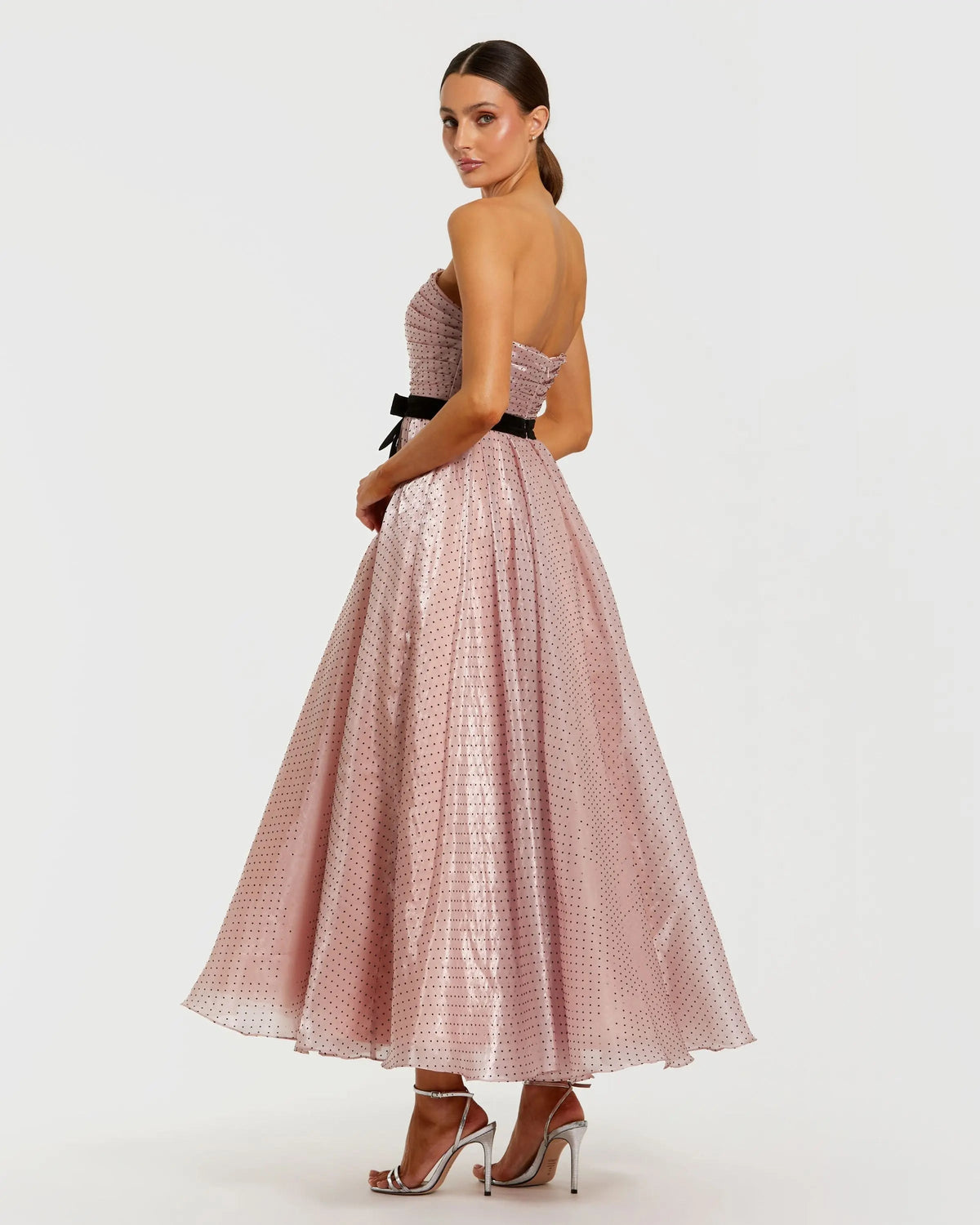 Pink Strapless Polka Dot Midi Dress With Velvet Bow