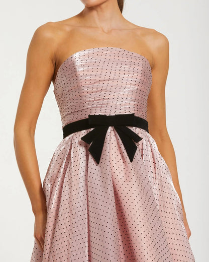 Polka Dot Organza Strapless Midi Dress With Velvet Bow