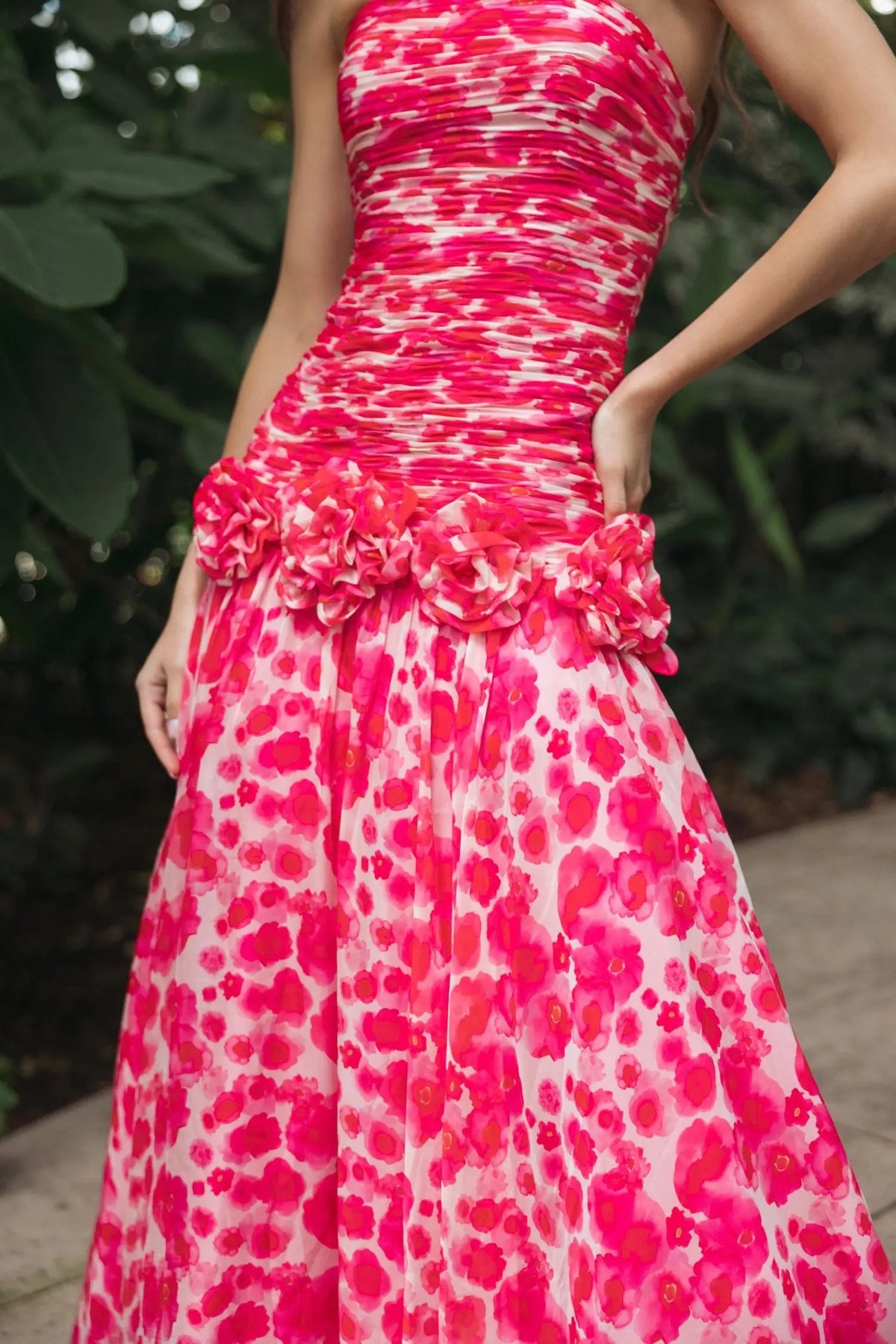 Pink Strapless Chiffon Ball Gown With 3D Flowers