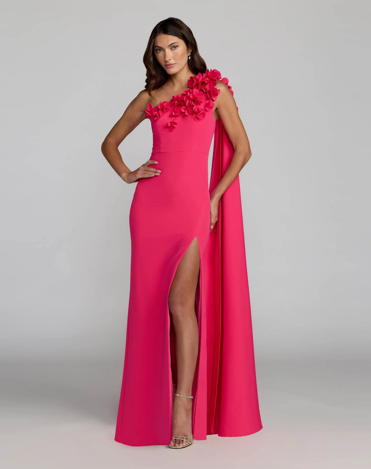 Pink One Shoulder 3D Floral Cape Gown