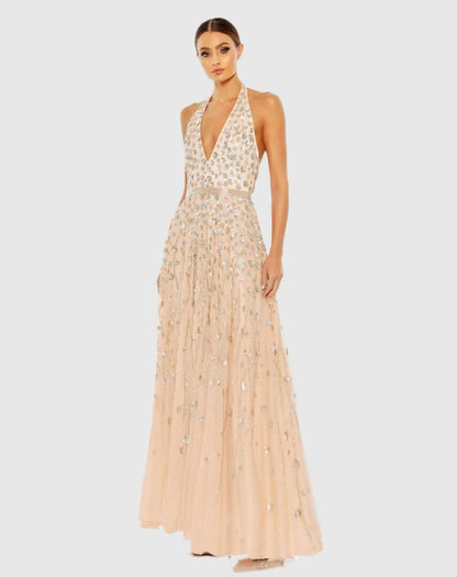 Pink Floral Embellished Halter Strap A Line Gown