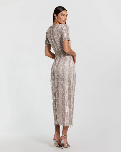 Pink High Neck Short Sleeve Crystal Fringe Sheath Dress