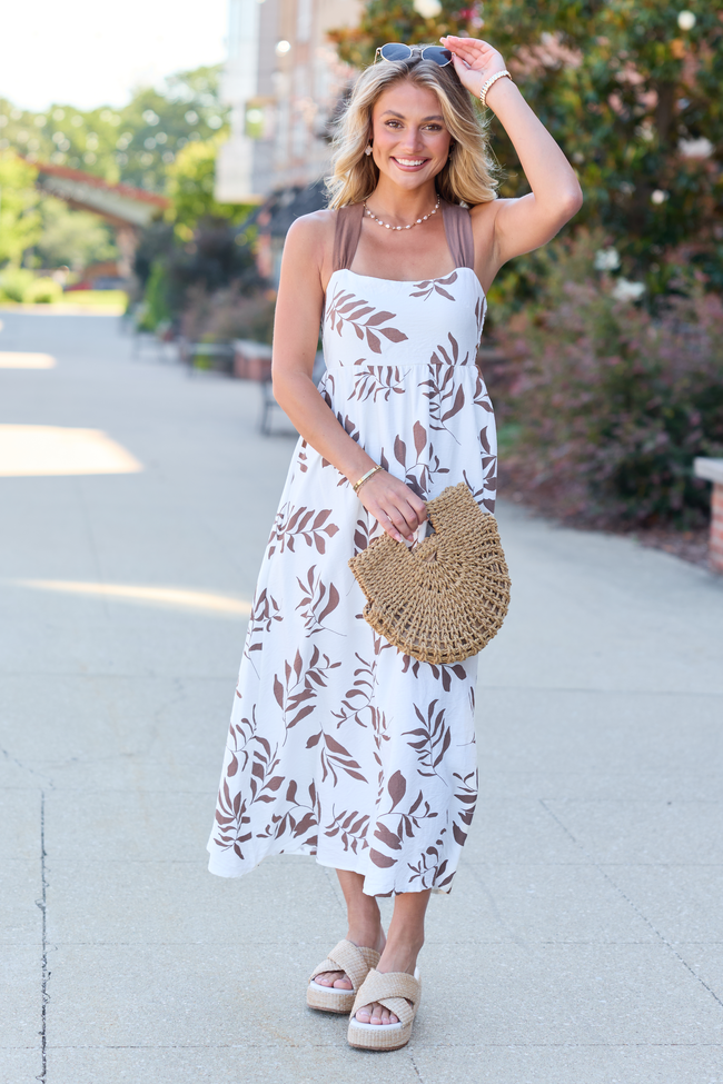 Brown Leaf Print Midi Dress