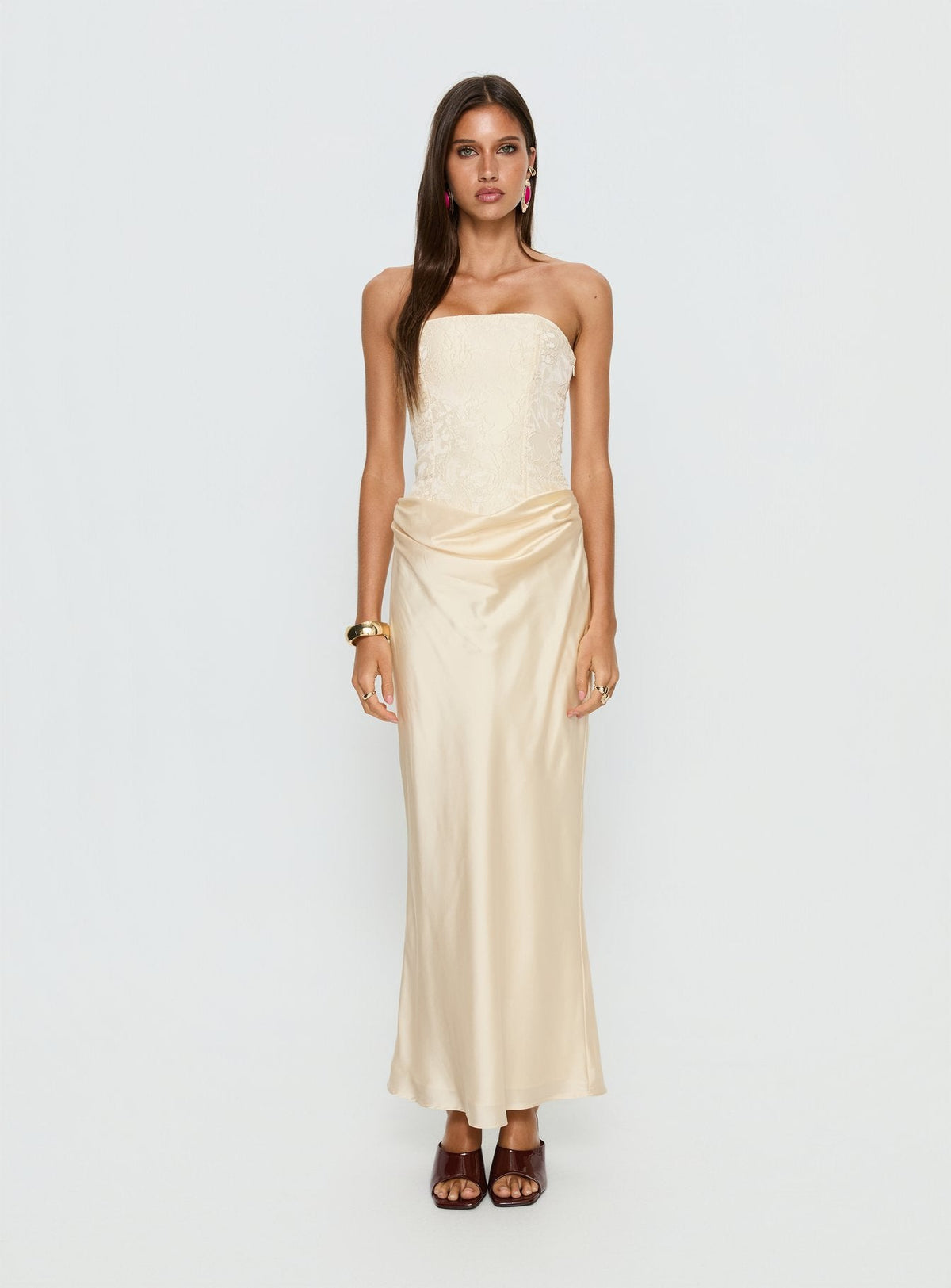 Jenevieve Strapless Drape Maxi Dress Lemon