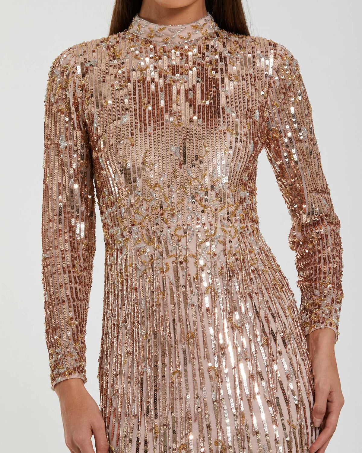Pink Long Sleeve Fringe Embellished Column Gown