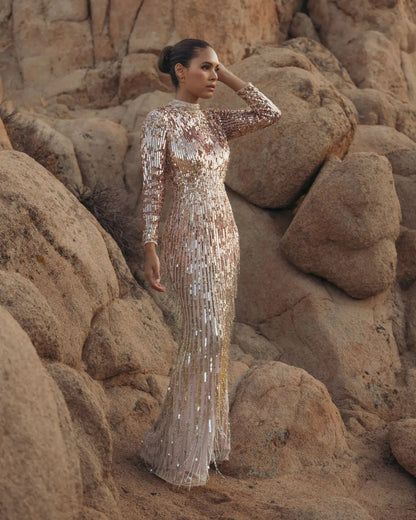 Pink Long Sleeve Fringe Embellished Column Gown