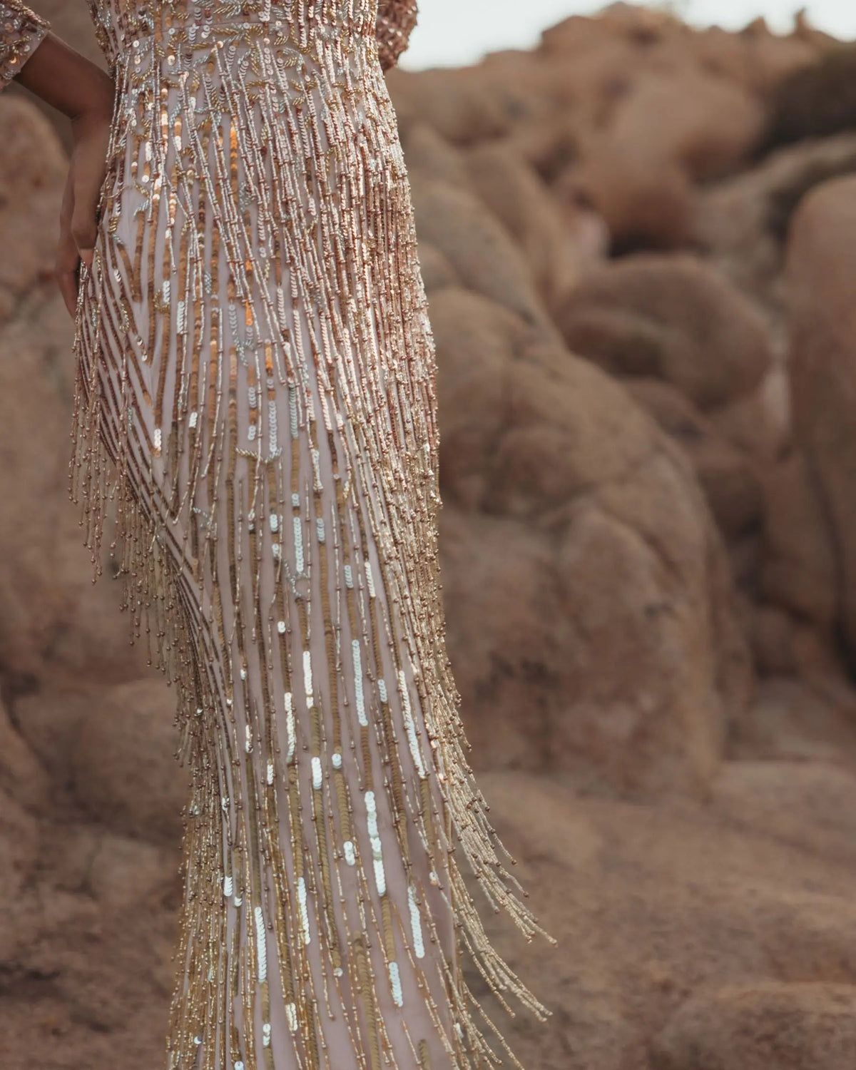 Pink Long Sleeve Fringe Embellished Column Gown