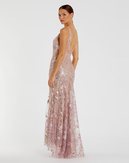 Pink Floral Embellished Sleeveless Plunge Neck Gown