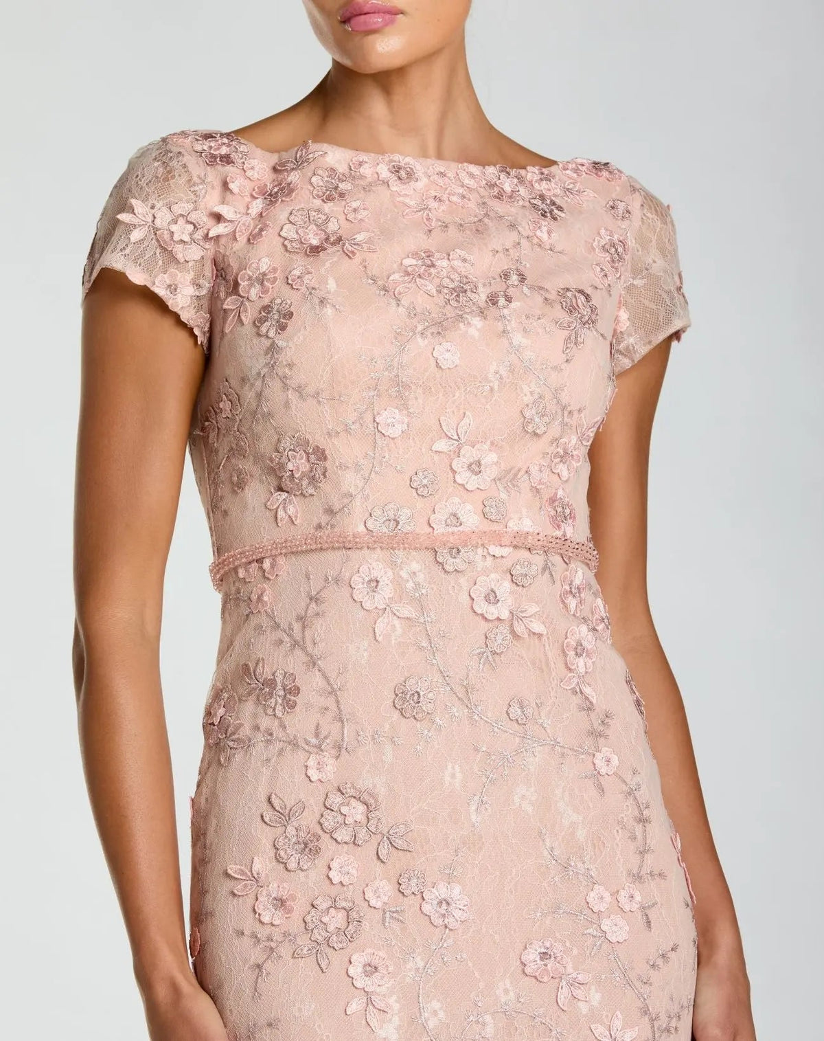 Pink Floral Applique Boat Neck Cap Sleeve Gown