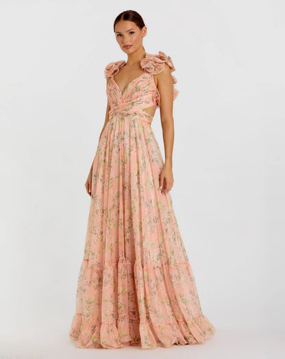 Pink Ruffle Tiered Floral Cut-Out Chiffon Gown