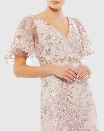 Pink Embellished Illusion Butterfly Sleeve Cocktail Dress