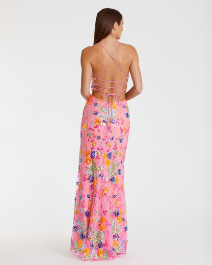 Pink Embellished Lace Strappy Column Gown