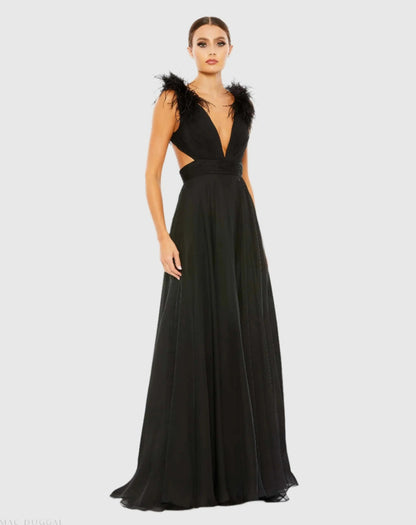 Plunge Ostrich Feather A Line Gown