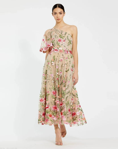Pink One Shoulder Lace Embroidered Dress