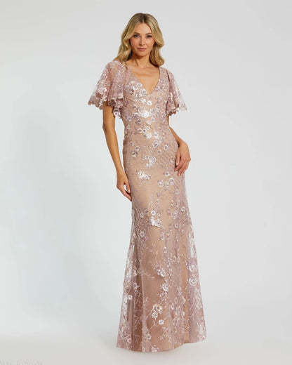 Pink Embellished Lace V Neck Butterfly Sleeve Gown