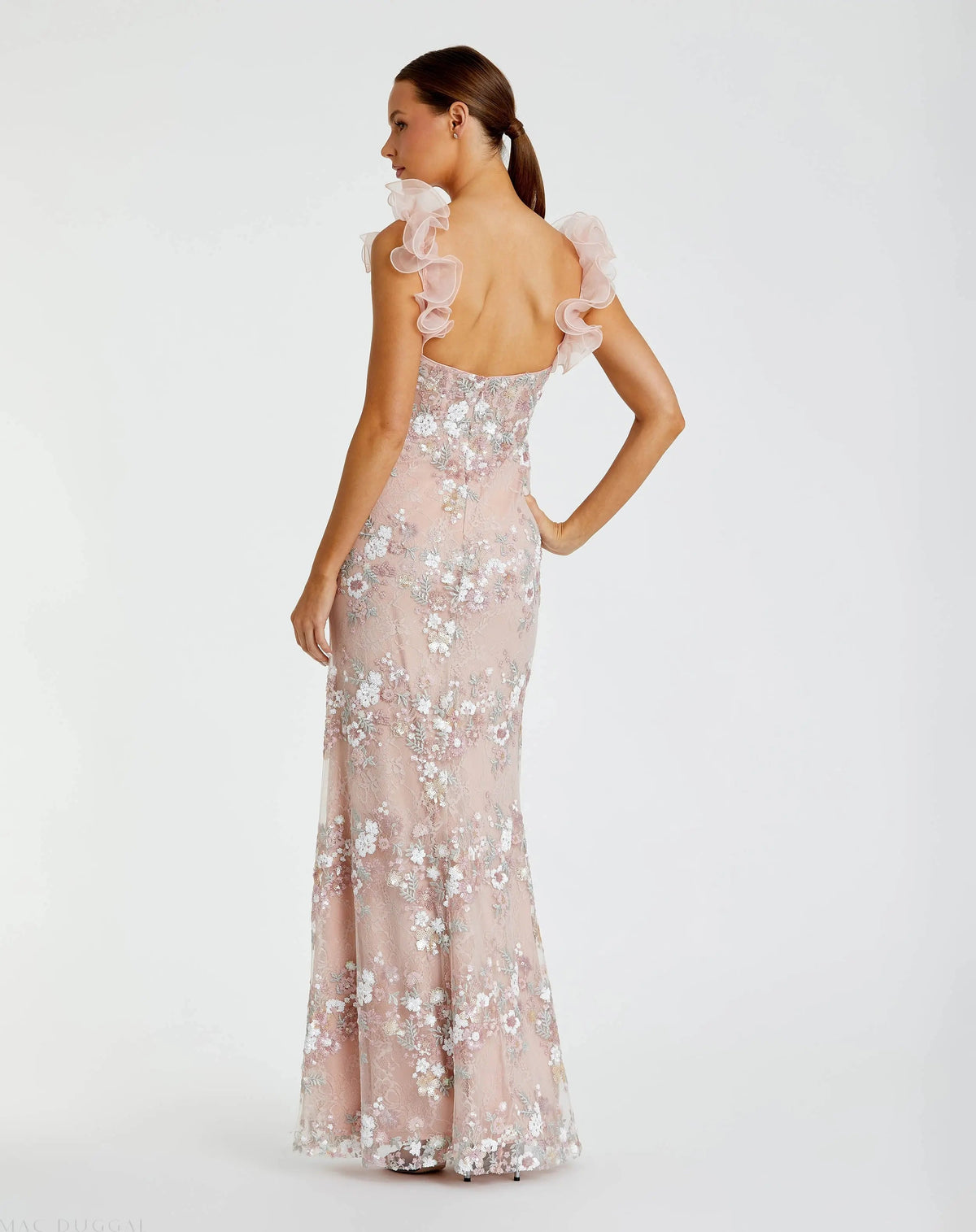 Pink Embroidered Lace Floral Gown with Ruffle Straps