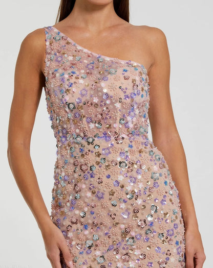 Pink Floral Embellished One Shoulder Column Gown