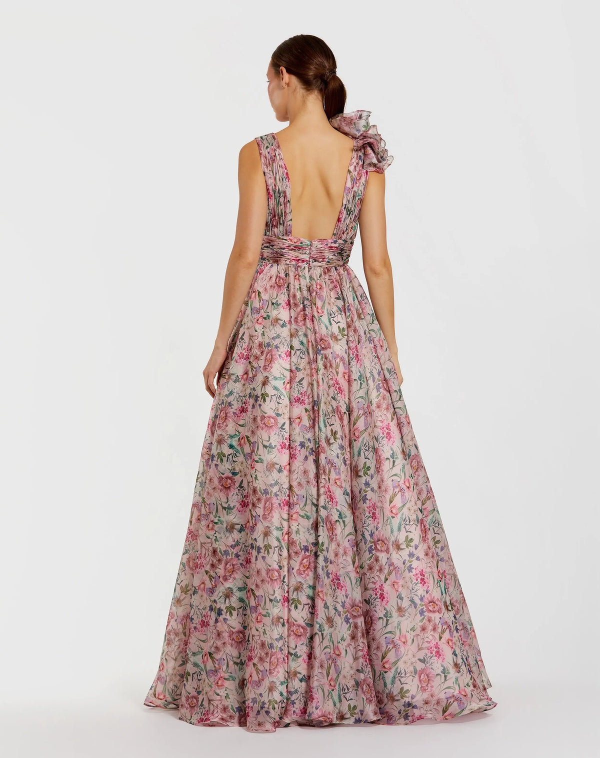 Pink Sleeveless V-Neck Floral Chiffon Ruffle Ball Gown