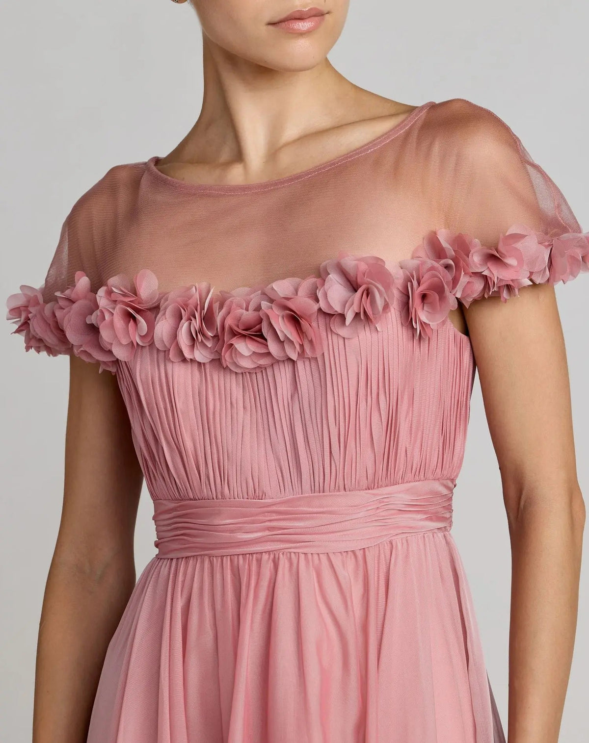 Pink Chiffon Illusion Neck Midi Dress With 3D Flowers