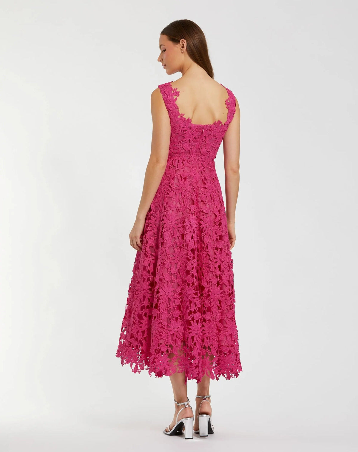 Pink Sleeveless Embroidered Lace A Line Midi Dress