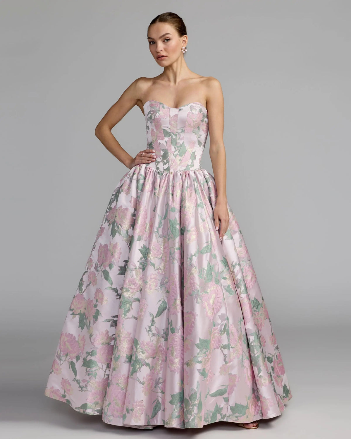 Pink Floral Strapless Ball Gown With Pockets