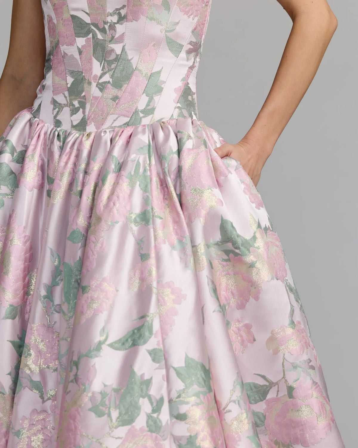Pink Floral Strapless Ball Gown With Pockets