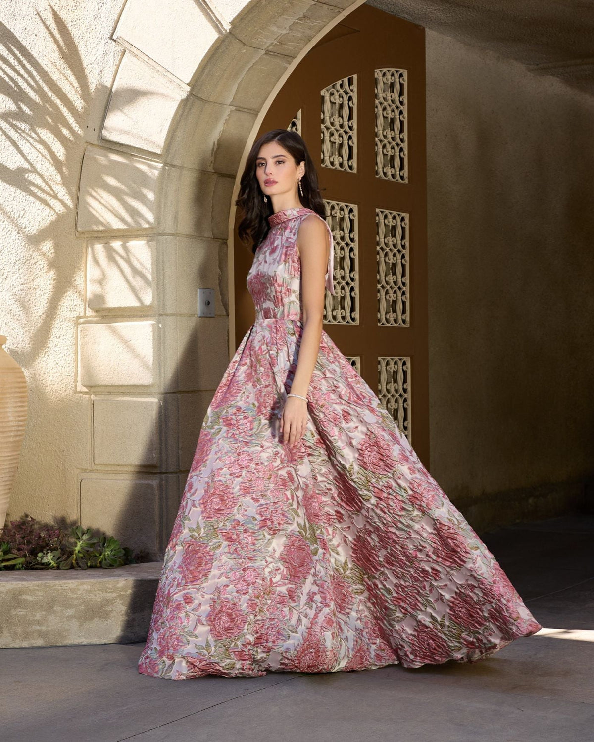Pink Sleeveless Brocade V-Back Ball Gown