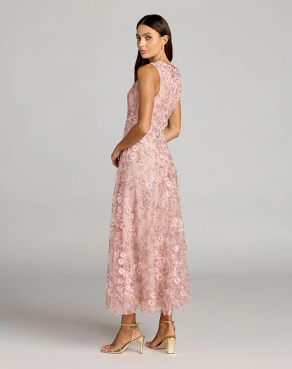 Pink Floral Embroidered High Neck Midi Dress
